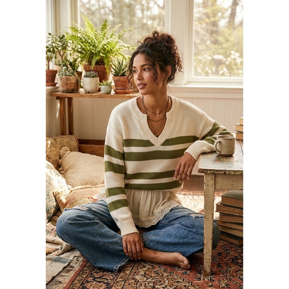 Market & Spruce Womens Striped V-Neck Sweater Cream Olive Green WGS15379 Size M